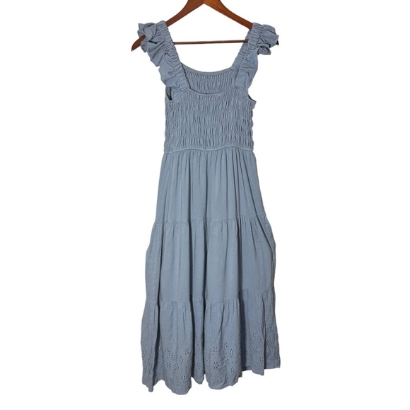 By the River Blue Smocked Tiered Dress Ruffle Straps Eyelet Detail Size Small - Picture 1 of 10